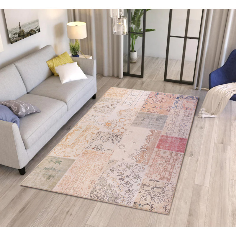 Tapis décoratif beige à motif tissé patchwork rétro, Rectangle 3 pi 10 po x 5 pi 3 po