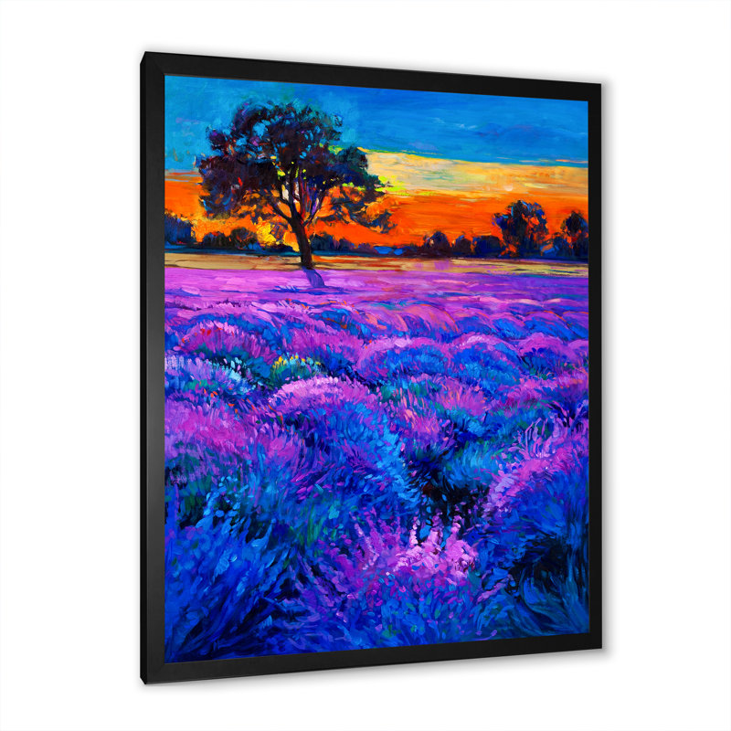Champ de lavande mauve - œuvre d'art traditionnelle sur toile, Cadre photo noir, H 20 po x l 12 po x P 1 po