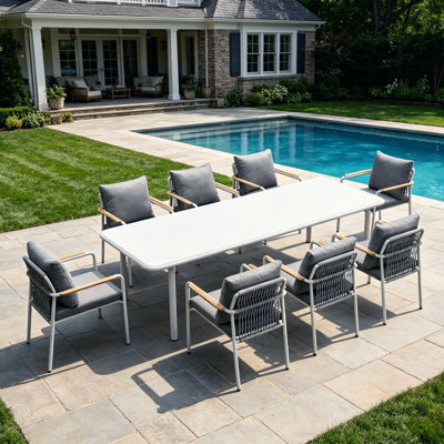 Ensemble repas d'extérieur 9 pièces avec coussins pour patio, plateau de table en aluminium blanc