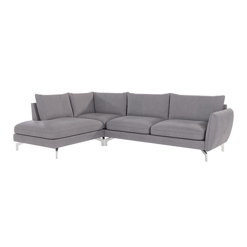 Modern L-shape Corner Sofa  with Silver Metal Legs, Grey, Left Hand Facing