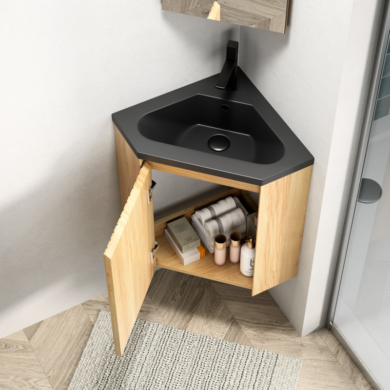 Meuble-lavabo suspendu triangulaire de 76 cm (30 po) avec lavabo intégré en résine noire, rangement en contreplaqué naturel pour petits coins, meuble assorti à la couleur de la pièce, coins préassemblés.
