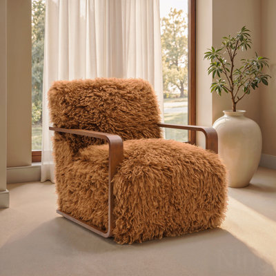 1 pièce Chaise d'appoint longue en fausse fourrure douce d'inspiration rétro avec accoudoirs courbés en bois siège et dossier principaux