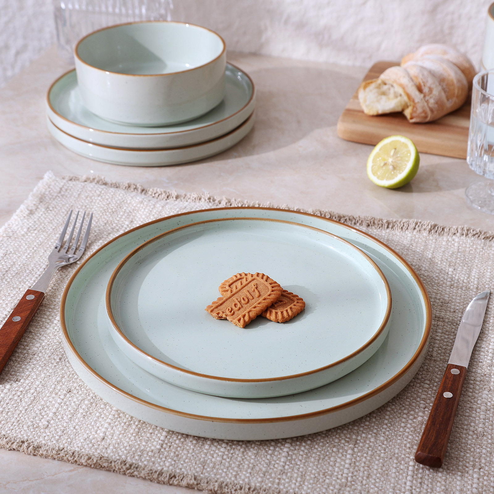 Stoneware Dinnerware Set, Light Green with Brown Rim
