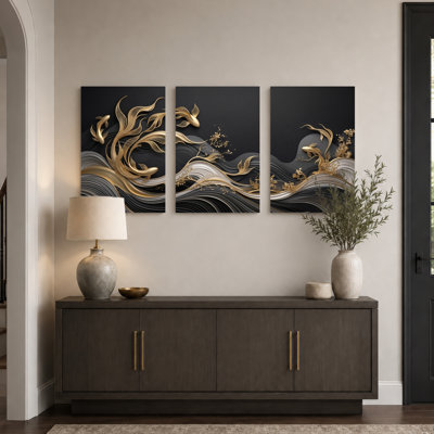 Golden Fish Art, reproduction d'art sur toile tendue sur toile, ensemble de 3, pour salon, chambre à coucher, décoration intérieure