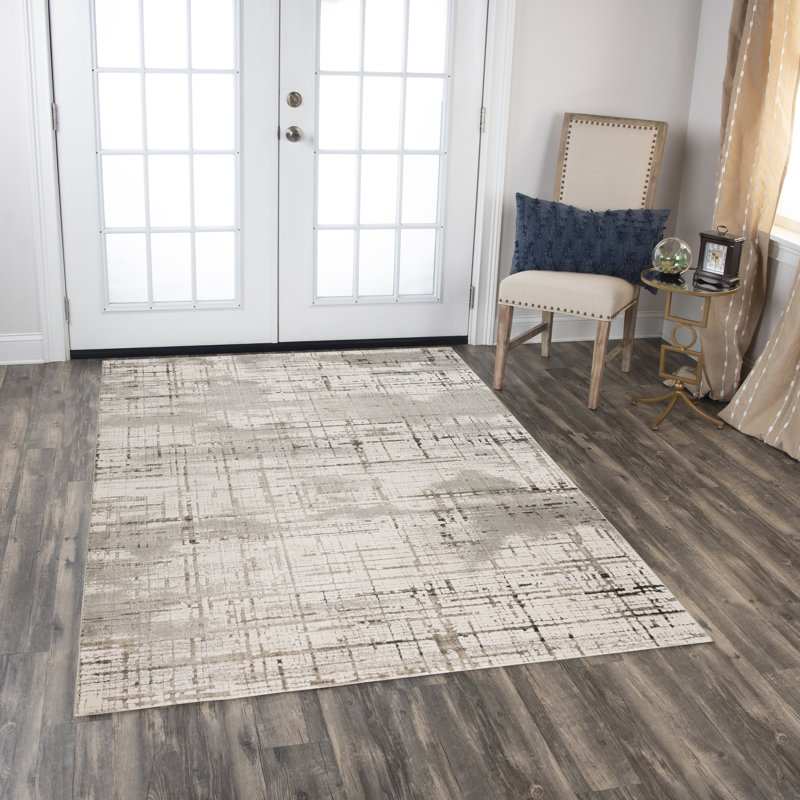 Tapis rectangulaire rectangulaire en polyester tissé à la machine ivoire / gris, Rectangle 7 pi 10 po x 9 pi 10 po