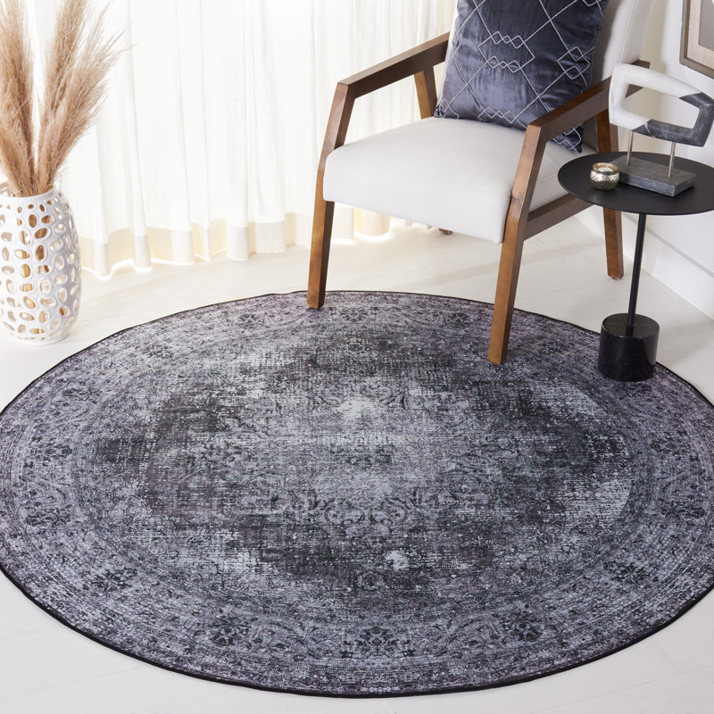 Tucson Vintage Look Machine Washable Non-Slip Area Rug in Black & Grey, Round 183 cm