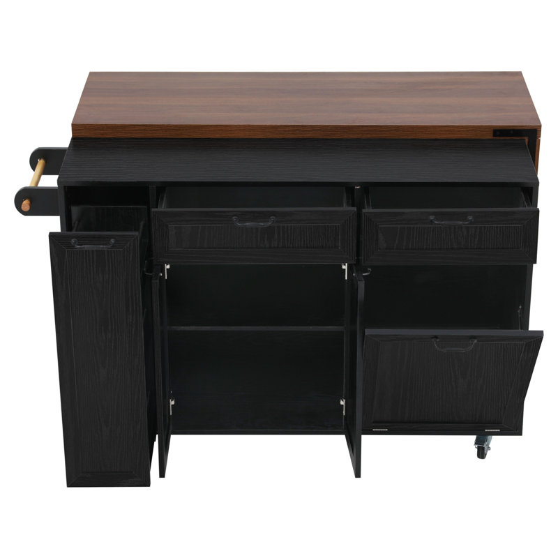 102.3" Kitchen Island with Extendable Dining Table, Kitchen Rolling Island Cart with Trash Storage Cabinet, 3-Tier Pull-Out Spice Rack