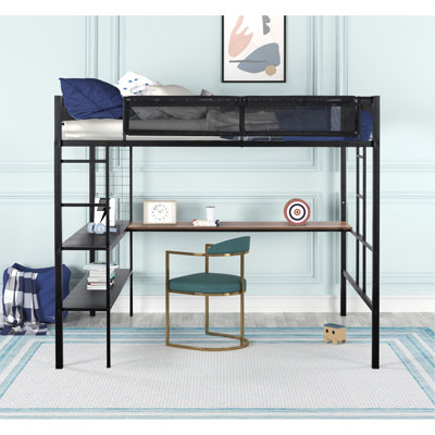 Lit mezzanine double en métal avec bureau et tablettes / Structure de lit en métal robuste / Lattes en bois sans bruit / Garde-corps confortable en textilène / Bureau intégré, tablettes à 2 niveaux et panneau grillagé / 2 échelles latérales