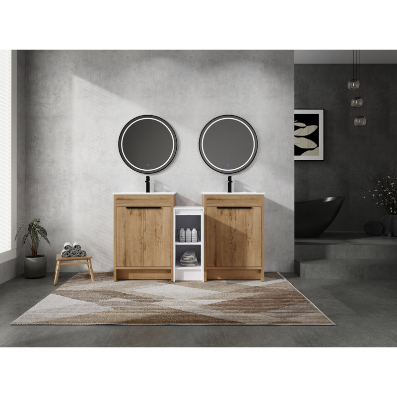 Meuble-lavabo autoportant de 60 pouces avec lavabo en céramique et armoires de rangement, 5 pièces, contreplaqué, blanc brillant et chêne imitation, porte à fermeture douce, ensemble KD