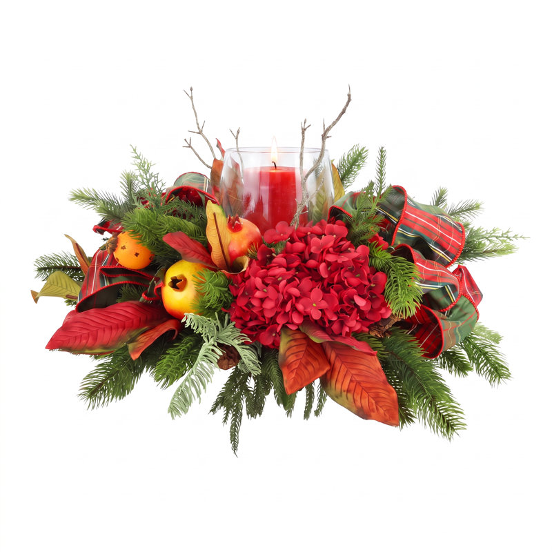 Bougeoir des Fêtes avec hortensias, grenades et arcs