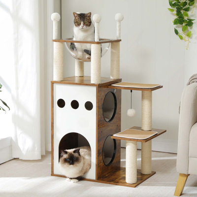 Tour à chat moderne avec arbre à chat avec 2 étages, poteaux à griffes, nid à capsule et boules pendantes