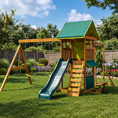 Portique de jeu extérieur en bois massif de 4,27 m x 4,27 m avec glissade, barres de singe et table d'activités latérale pour jardin