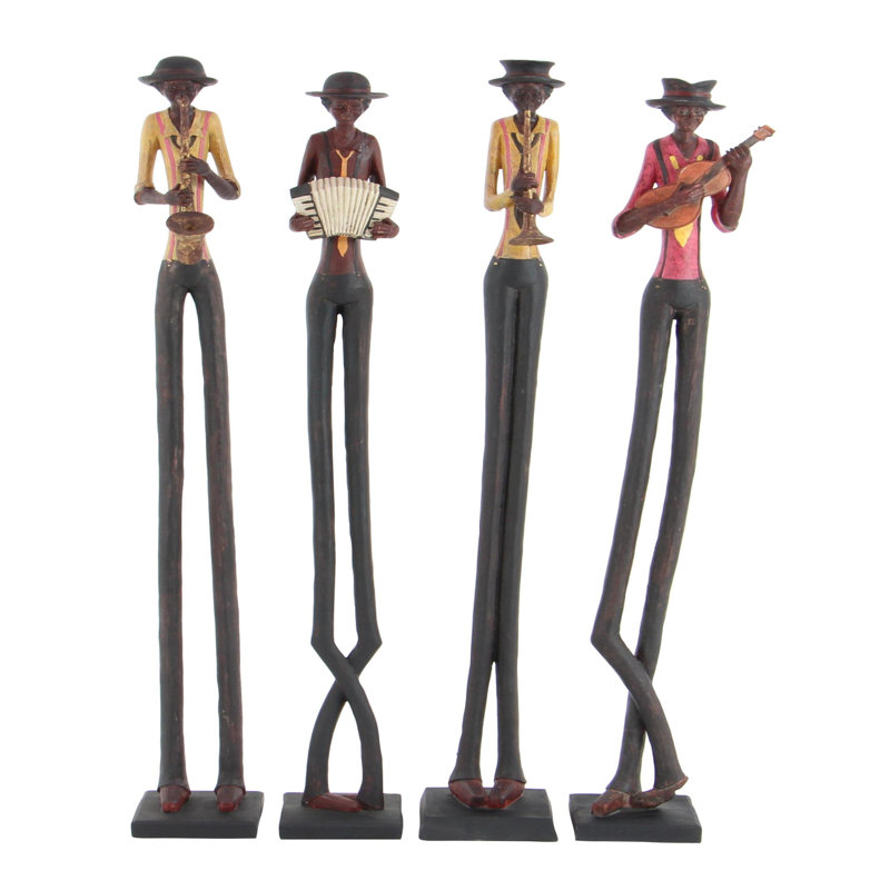 Polystone Tall Long Legged Jazz Band Musician Decorative Brown Sculpture with Black Base Stand Set, 40" H x 5" W x 5" D