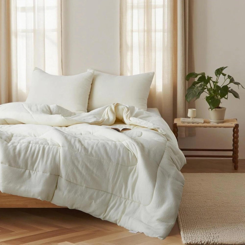Ensemble d'édredon 100% coton mousseline, Édredon grand + 2 taies d'oreiller standard, Crème, crème