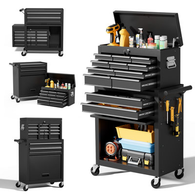 12-Drawer Tool Chest with Wheels，2-In-1 Detachable Metal Toolbox Storage Cabinet Organizer（Black）