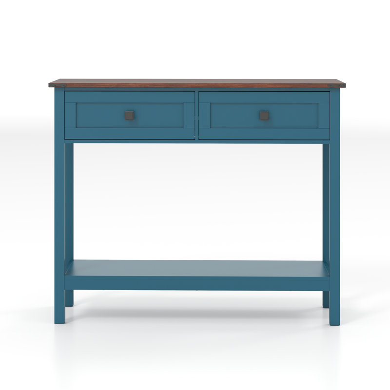 Farmhouse Style Console Table With 2 Drawer And Bottom Storage Shelf For Entryway, Pagoda Blue