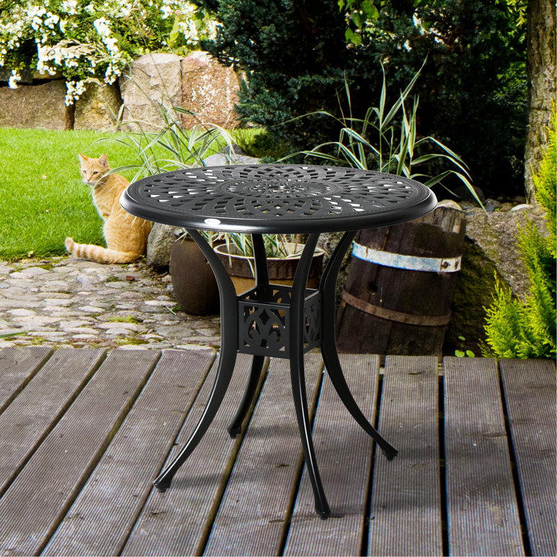 Table de bistro ronde de 30 po avec trou pour parasol, table d'extérieur antique en fonte d'aluminium, noire. Fabrication, fonction d'équilibre réglable, trou noir, table de salle à manger. Revêtement rouillé, structure stable