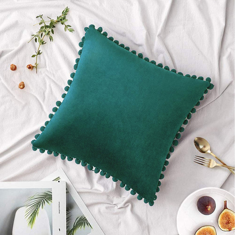 (Couvertures seulement) Ensemble de 2 housses de coussin 2 tailles Pom-Poms, H 20 po x l 20 po, Vert foncé