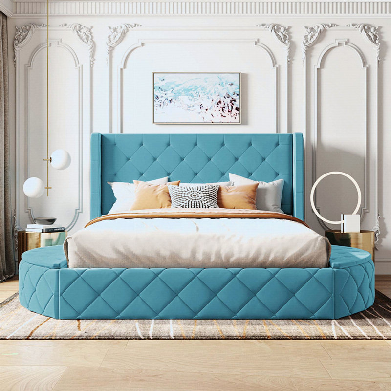 Lit plateforme tapissier en velours avec tête de lit à oreilles, 1 grand tiroir et 2 tabourets de rangement latéraux, Blue
