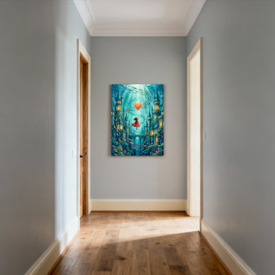 Château sous-marin avec fille flottante et ballon, reproduction d'art sur toile tendue sur toile, ensemble de 1