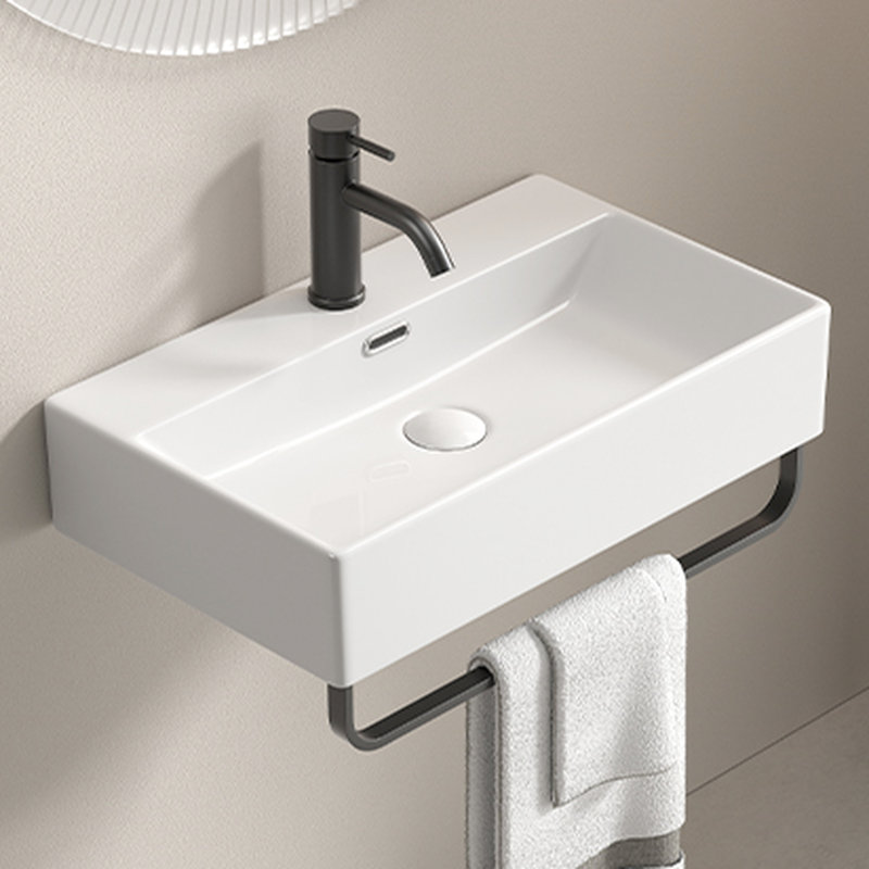 Lavabo vasque blanc pour salle de bain, fixation murale, finition polie lisse, glacis non poreux brillant, ouverture de drain standard