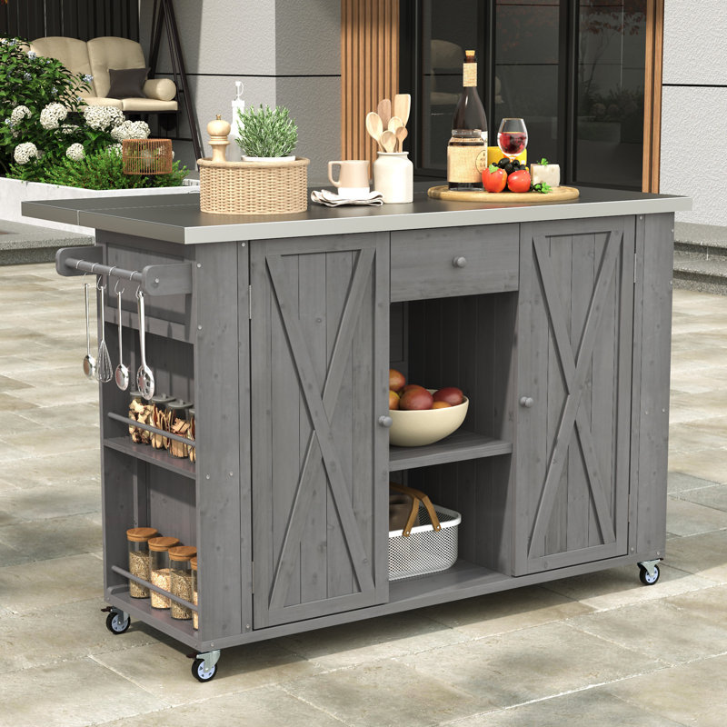 Outdoor Kitchen Island Fir Wood Kitchen Island With Stainless Steel Top, Gray