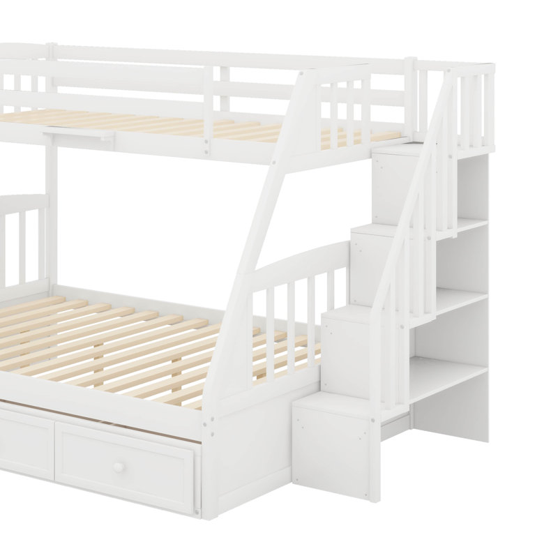 Lit superposé simple au-dessus de double avec échelle, tiroirs et escalier de rangement, Blanc