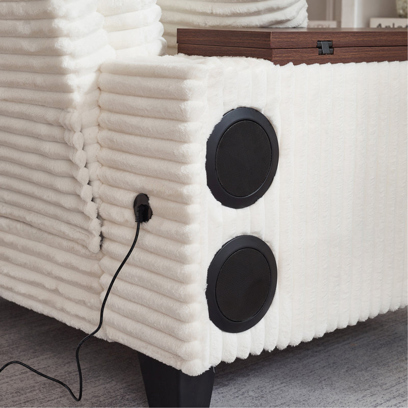 Fauteuil multifonctionnel en velours côtelé avec repose-pieds, haut-parleur Bluetooth, porte-gobelet, ports USB et plateau pivotant à 180 °
