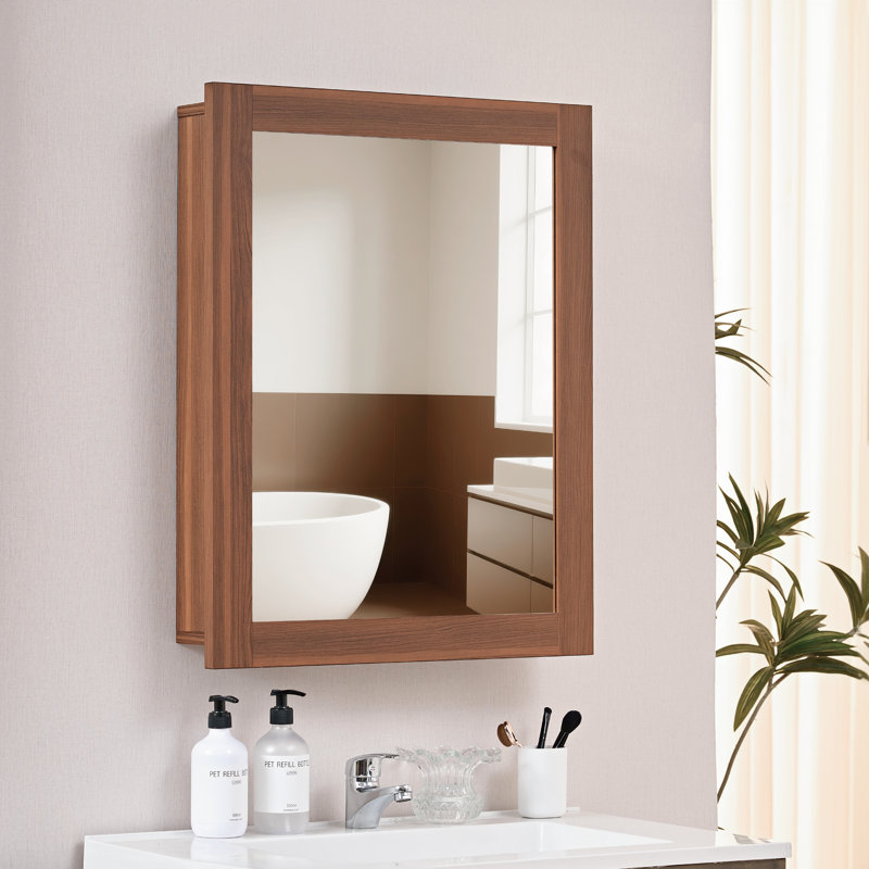 Armoire à pharmacie en bois avec miroir en noyer de 16 po x H 24 po avec tablettes réglables, montage mural ou encastré pour une mise à jour de salle de bain chaleureuse et élégante