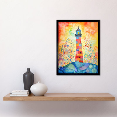 Lighthouse At Sunset Dreamy Folk Art Watercolour Painting Art Print Framed Poster Wall Decor 12x16 inch