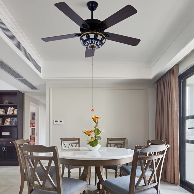 52" Victorian Ceiling Fan With Light, Silent Motor, Premium Wood Blades, E26 Bulb Compatible, Handcrafted Stained Lampshade