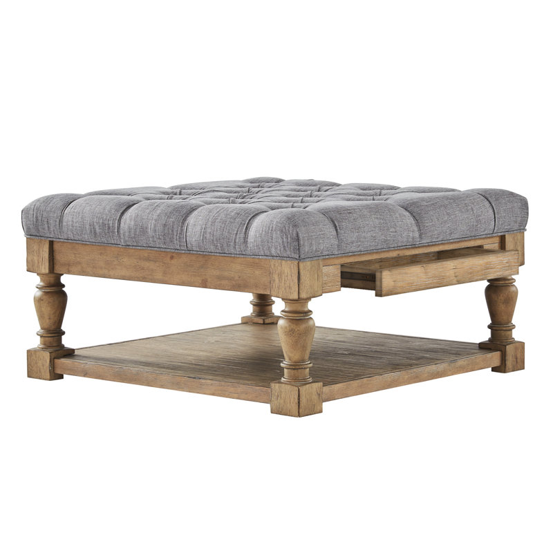 Arthuro Upholstered Ottoman, Heathered Dark Gray Linen, Natural