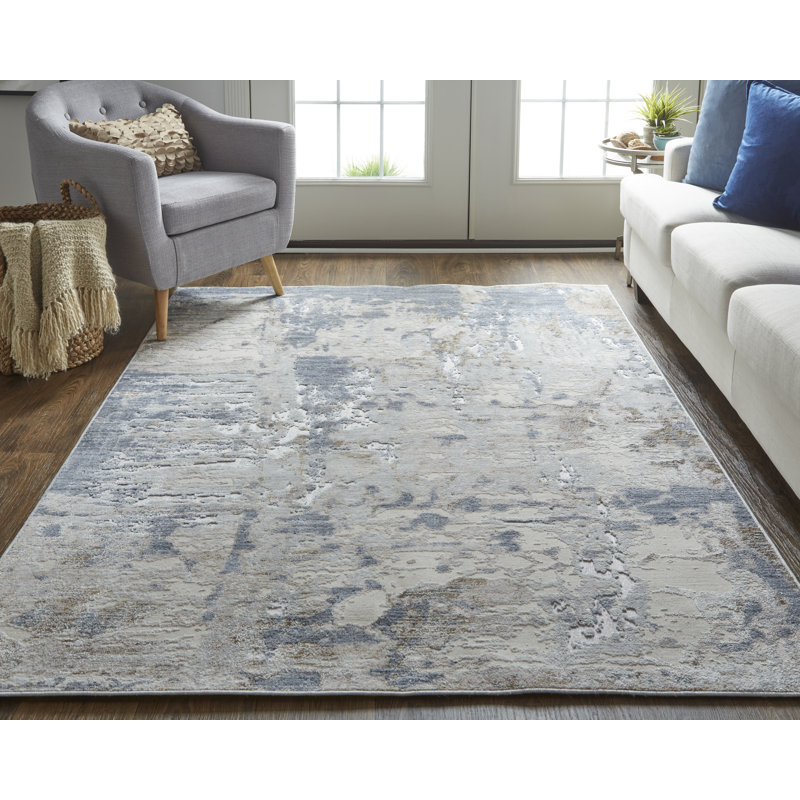 Abstract Machine Woven Rectangle 4' x 6' Polyester Area Rug in Blue/White, Rectangle 7'10" x 9'6"