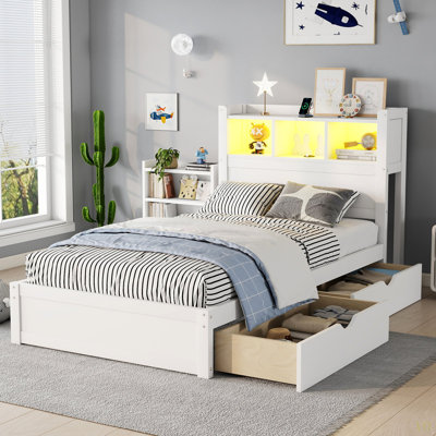 Bed With Drawers, Wood Bed With Storage Headboard And Pull Out Storage Cabinet, Wood Bed With Light And Socket