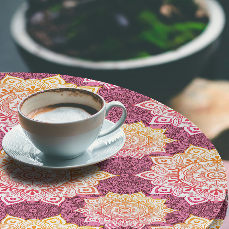 August Grove® Mandala Fitted Round Tablecloth Diameter Pink and Multicolor, 47.24" Round