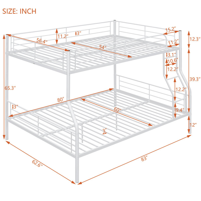 Lit superposé double au-dessus de grand lit double, lit superposé pour enfant peu encombrant avec structure robuste et garde-corps de sécurité