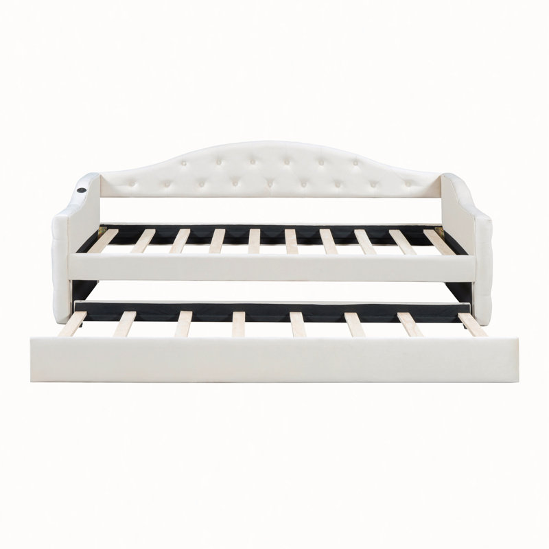 Twin Size Tufted Upholstered Daybed with Trundle ,Velvet Sofabed with USB&Type-C Charging Ports,No Box-spring Needed, Beige