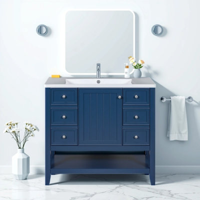Meuble-lavabo 36 po Modern Farmhouse - Structure en bois massif et en panneau de fibres à densité moyenne, 3 tiroirs et 2 portes à fermeture en douceur, tablette réglable et lavabo en céramique