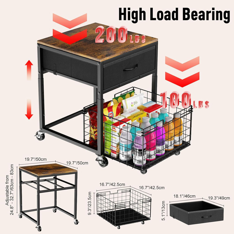 Mobile Mini Fridge Stand With Storage, Height-Adjustable Mini Beverage Fridge Table, Coffee Bar