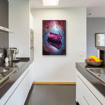Art mural en verre Epic Art «Romantic Purple Boat On The River» par Momart