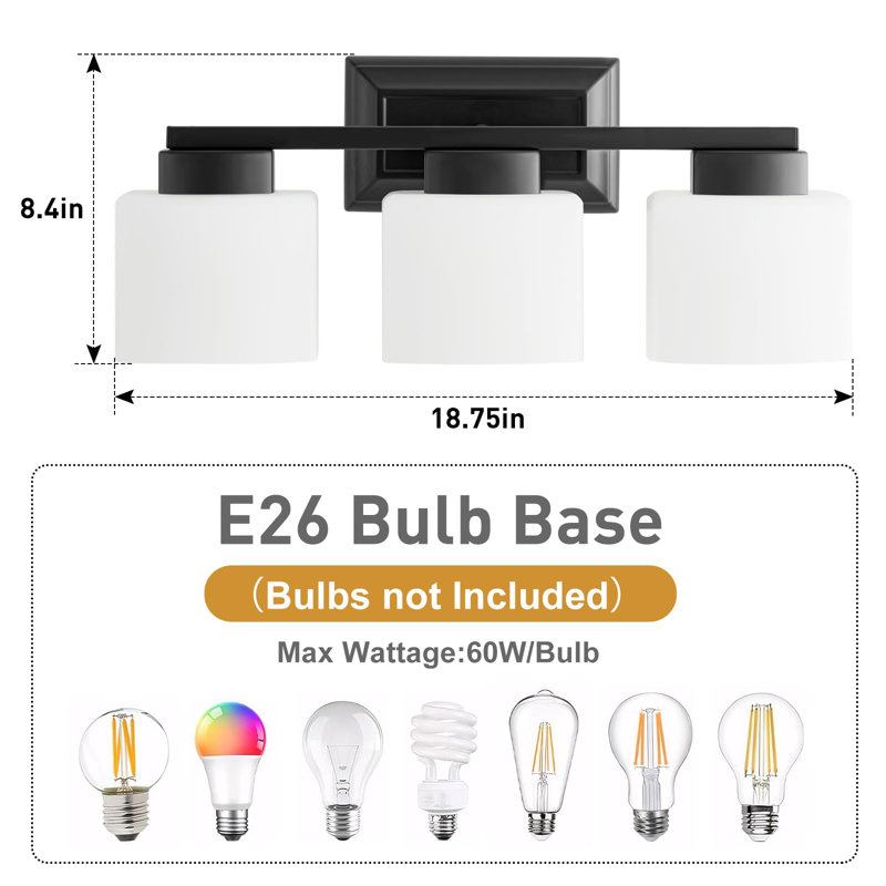 Luminaires de salle de bain 3 lumières, luminaires de salle de bain avec abat-jour en verre givré, Noir