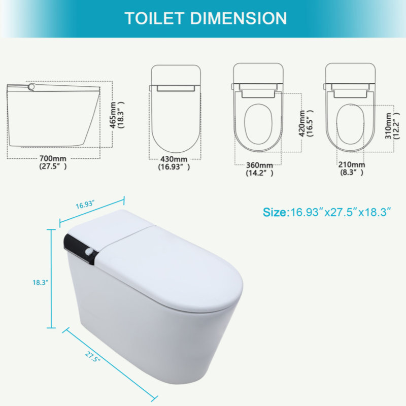 Toilette intelligente avec bidet intégré, ouverture et fermeture automatiques, siège chauffant allongé, capteur de pied encastré, affichage DEL, lavage à l'eau chaude, sécheuse, veilleuse