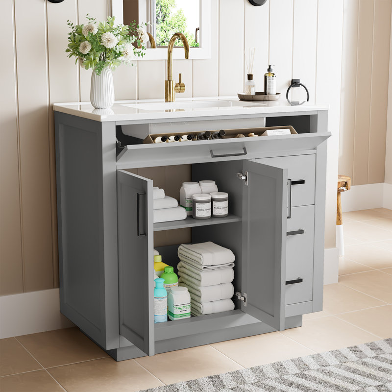 Meuble-lavabo sur pied simple 36 po gris avec lavabo encastré en marbre artificiel intégré, armoire de rangement à fermeture en douceur avec tiroir basculant