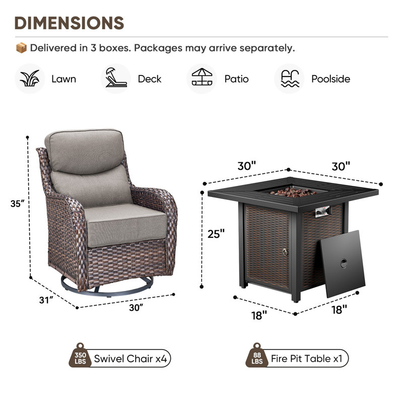 Wickes All-Weather Outdoor Wicker 4-Person Seating Group With Square Metal Fire Pit Table,Swivel Gliders With 6" Thick Cushions