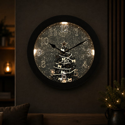 Christmas Tree LED Round Wall Clock - Battery Operated, Night-time Sensor