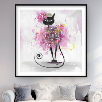 Cartoon Cat with Pink Flowers - Feline Livingroom Print