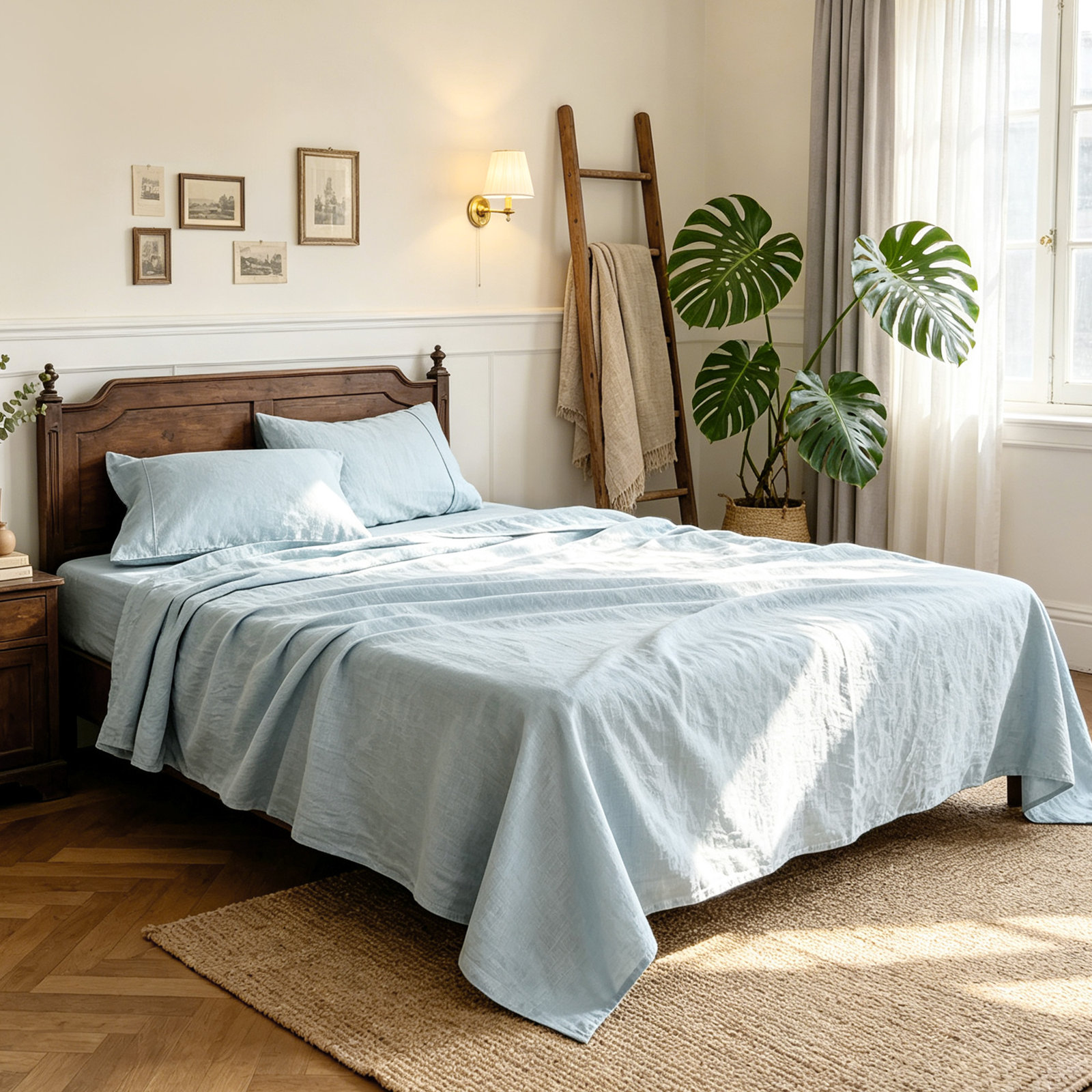 100% Flax Linen Solid Breathable Sheet Set with Pillowcases, Plein Air, King