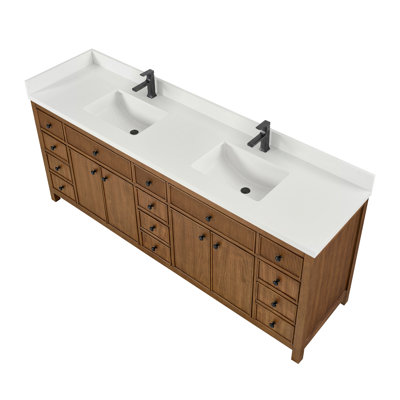 Meuble-lavabo double Rian de 213 cm (84 po) en noyer grillé, comptoir en quartz blanc, lavabos carrés encastrés (1 trou), garniture noire mate