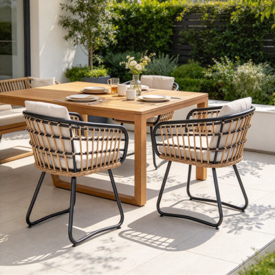 2 Piece Outdoor Wicker Dining Armchairs with Cushions, Patio Rattan Chairs with Adjustable Feet for Garden Poolside Backyard Porch