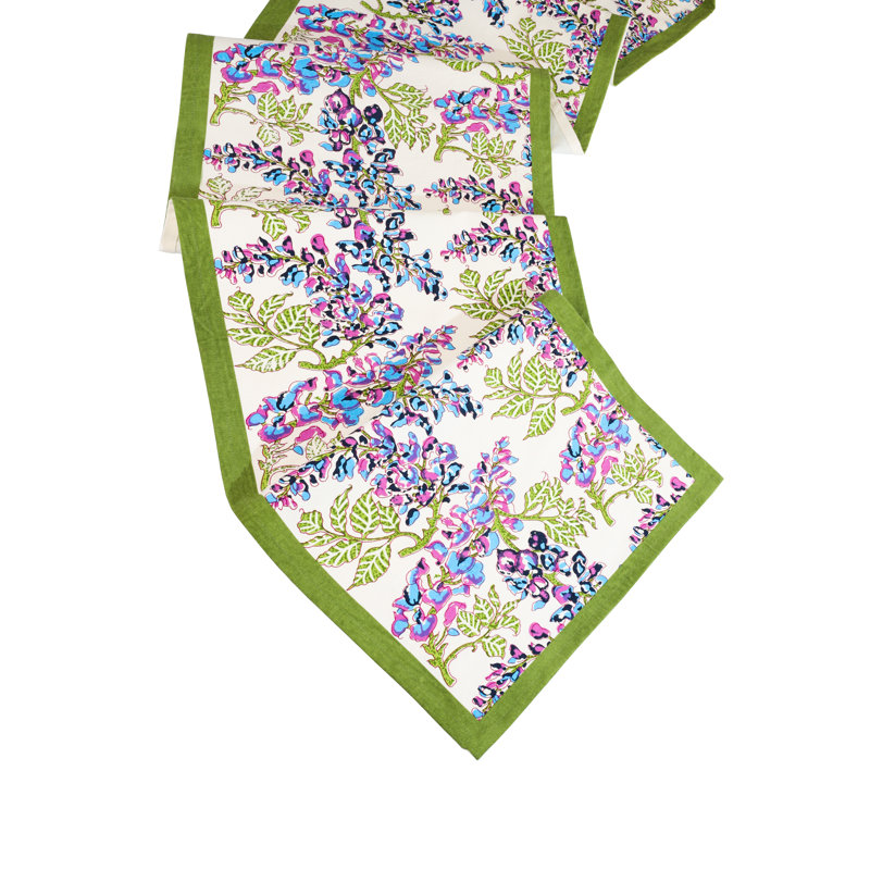 Bluebell Symphony Block Print Cotton Table Runner, Green/Blue